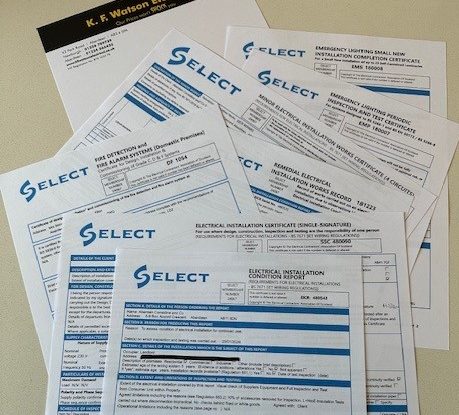 SELECT documents, example electrical installation condition report (EICR), example certificates for electrical installation, fire detection and alarm system, emergency lighting, electrical installation and KF Watson headed paper