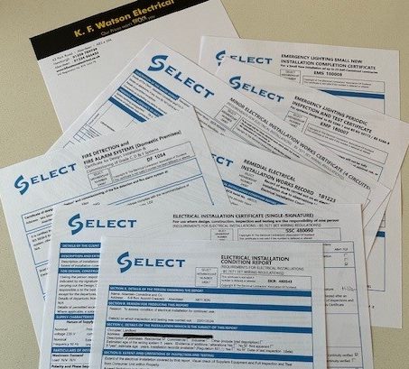 SELECT documents, example electrical installation condition report (EICR), example certificates for electrical installation, fire detection and alarm system, emergency lighting, electrical installation and KF Watson headed paper