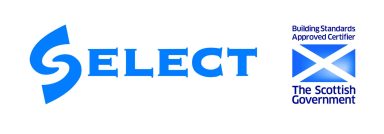 SELECT logo blue text and Scottish flag - text around the flag reading building standards approved certifier, the Scottish Government
